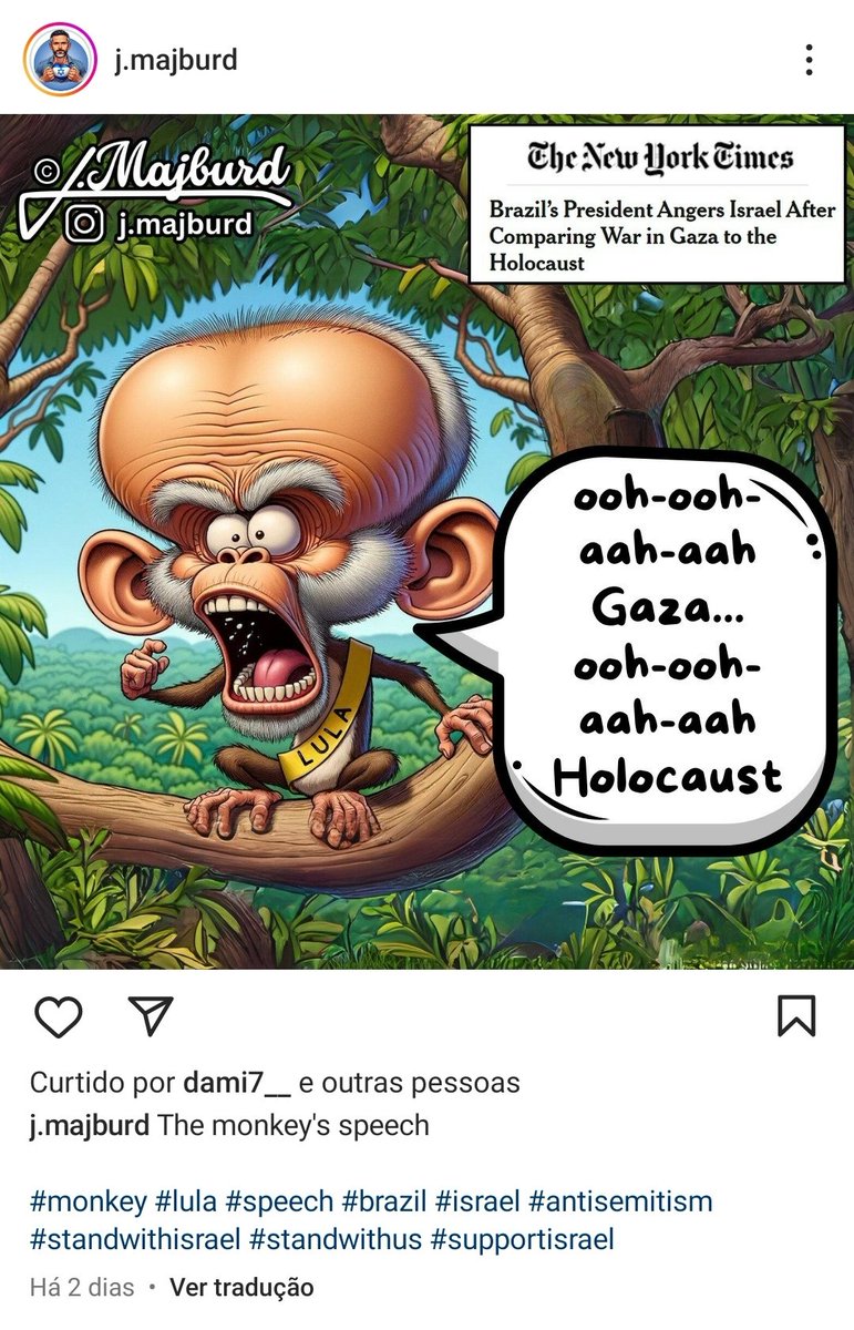 Esse é o cartunista sionista J. Majburd. Aqui, ele demonstra exatamente o que é o SIONISMO: uma filosofia nacionalista racista, que considera o seu próprio povo uma raça superior. Ele retrata o presidente <a href="/LulaOficial/">Lula</a> como um "macaco" e diz o "discurso do macaco". Fica difícil