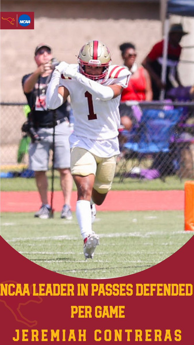 Congratulations to cornerback Jeremiah Contreras on earning the NCAA Statistical Champion (Category: Leader in Passes Defended Per Game)!

#FPE #RSP