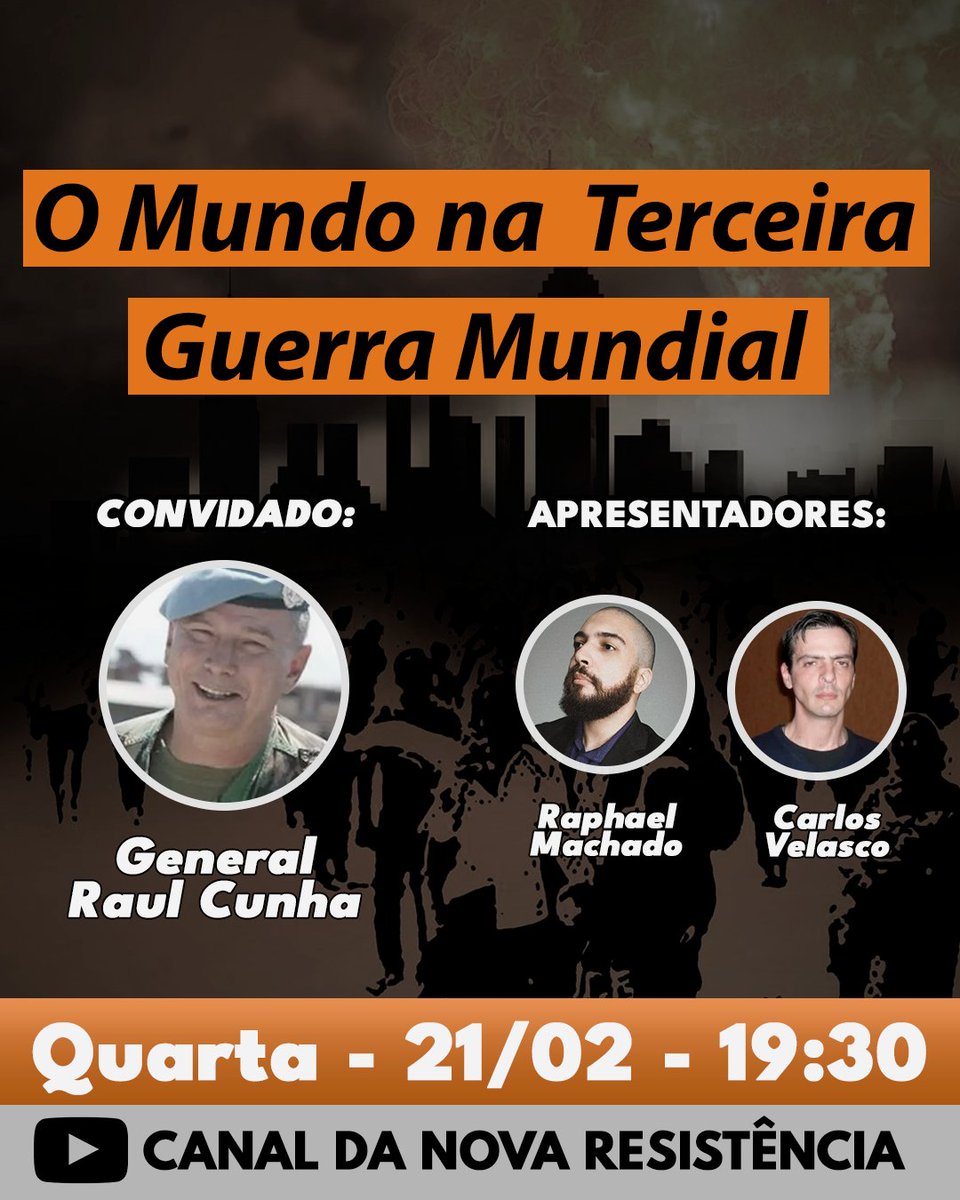 Estaremos hoje com o general Raul Cunha para conversar sobre os rumos do mundo na 3ª Guerra Mundial. Não percam, às 19h30!

youtube.com/watch?v=ZSSp57…