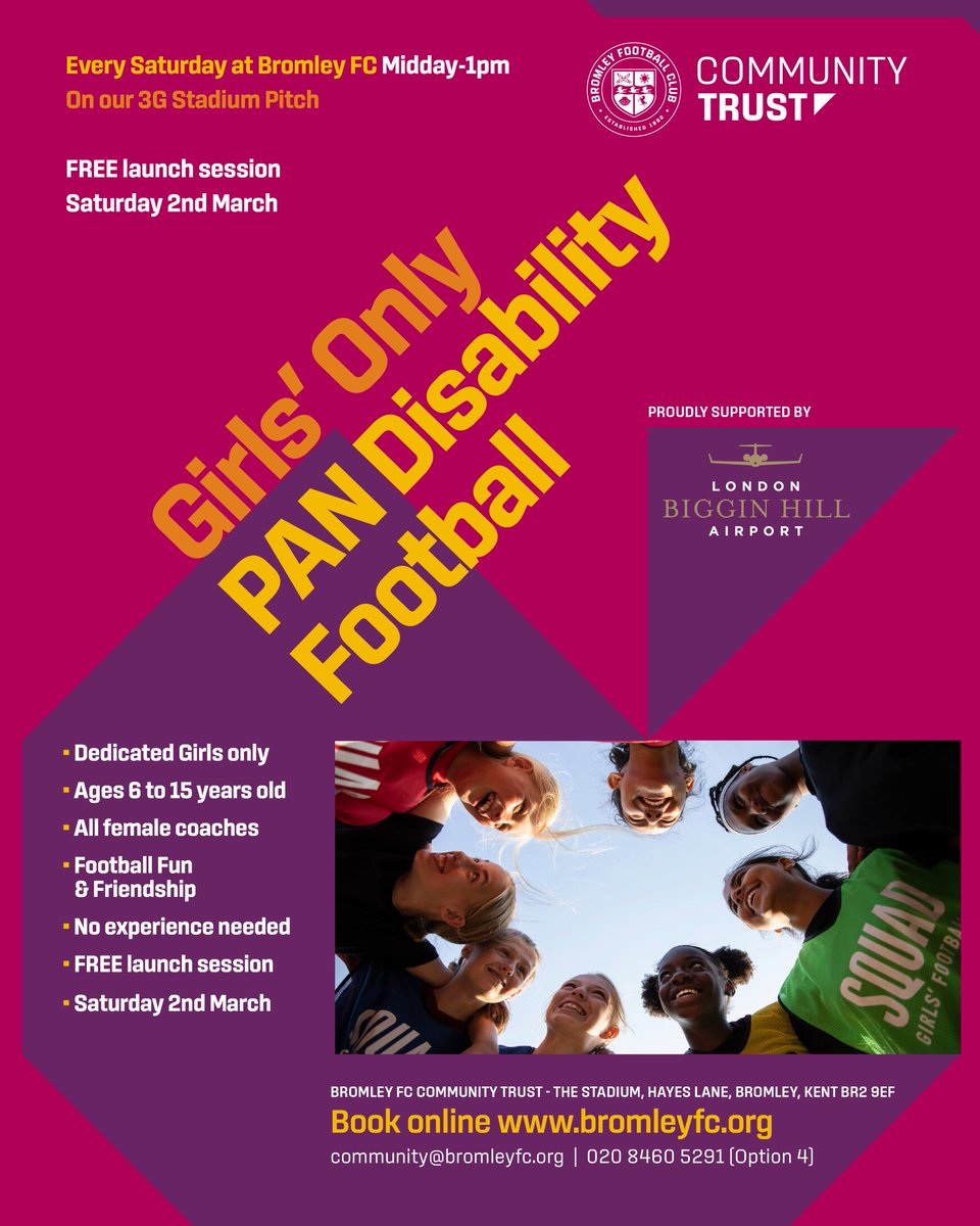 We're delighted to launch our new Girls' Only PAN Disability Football session on Saturday 2nd March 🚀 FREE Launch Session 🗓 Every Saturday ⏰ 12pm - 1pm 🙂 Female Coaches 👉 Age 6-11 bromleyfc.classforkids.io/term/223 Age 12-15 bromleyfc.classforkids.io/info/2174 #PlayingOurPart | #WeAreBromley