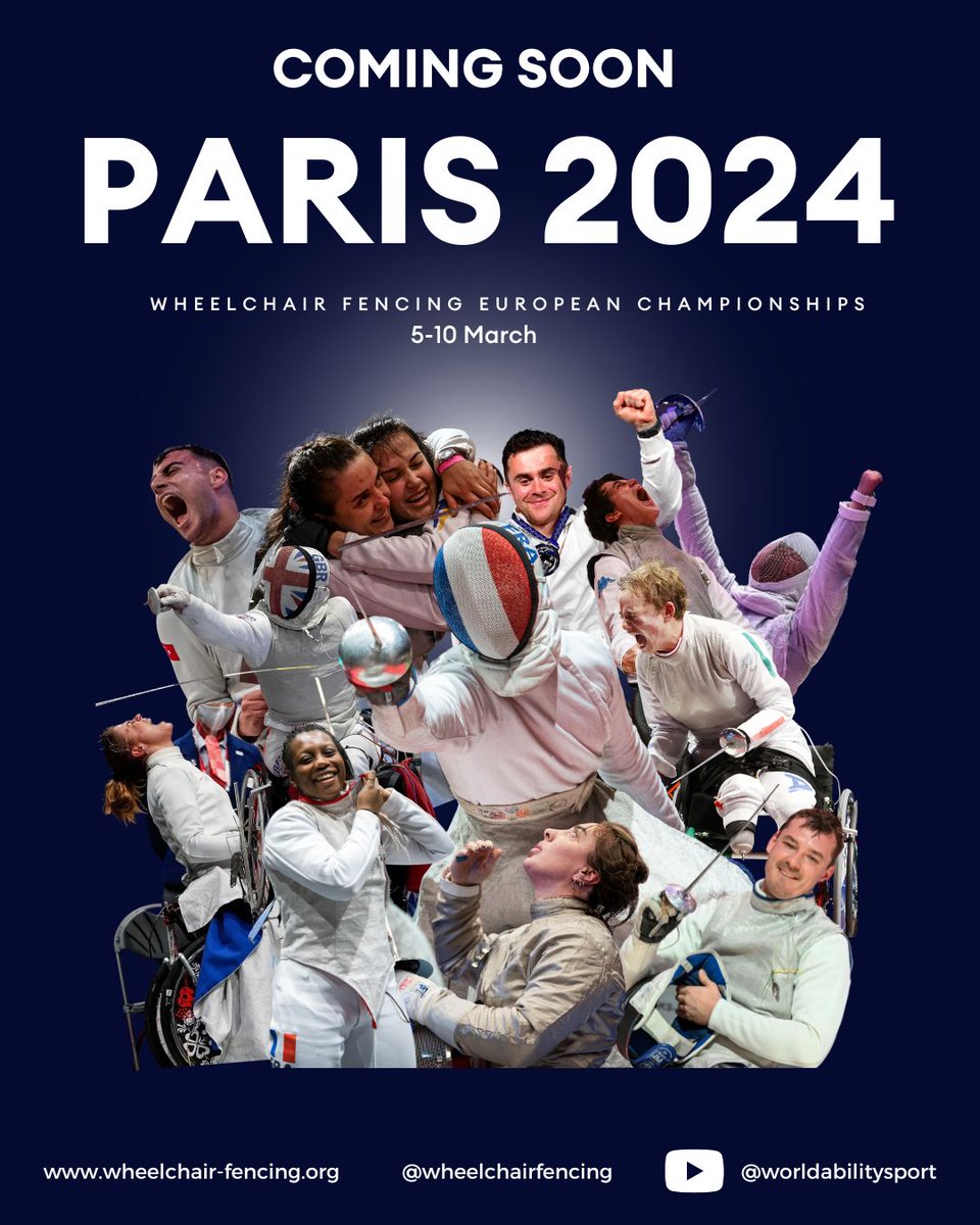 Only🔟days left until Europe's best wheelchair fencers gather in Paris for the European Championships, on their road to the Paralympic Games!

Don't miss it live on all our platforms between 5-10 March. Tickets are available at bit.ly/ChEur_Billette…

#WheelchairFencing