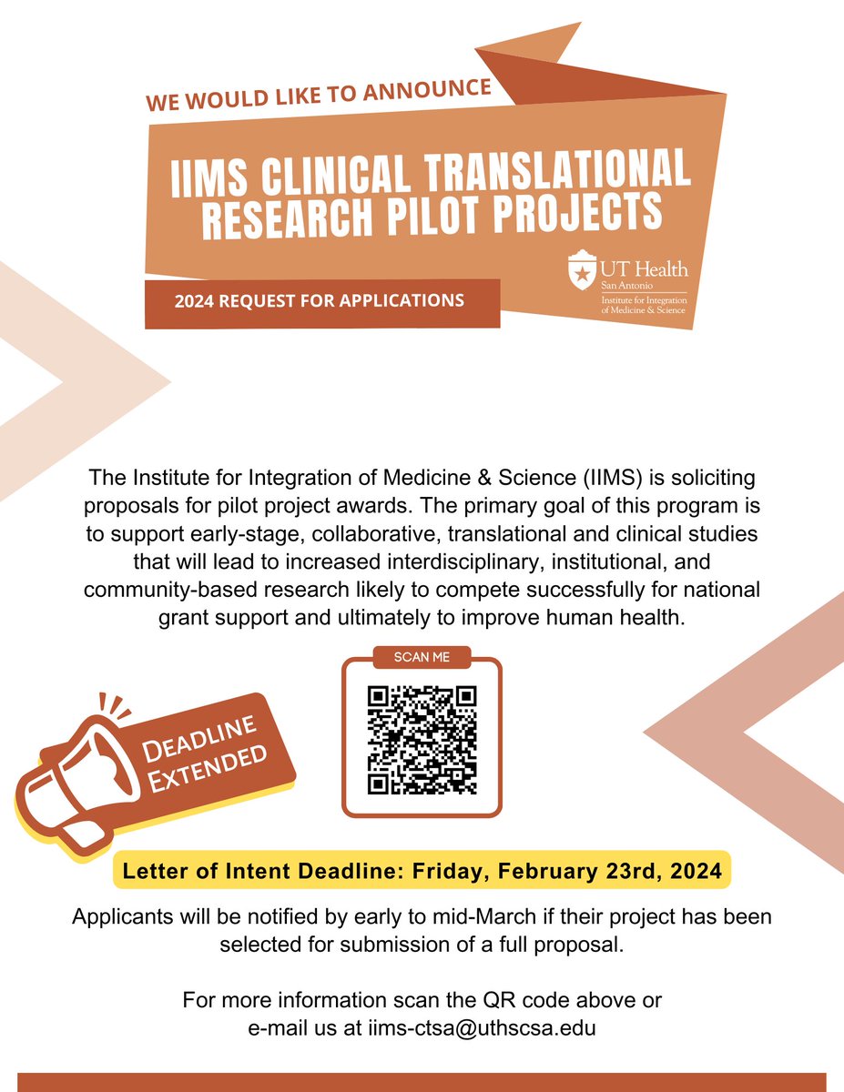 IIMSCTSA's tweet photo. 📢URGENT UPDATE📢 The deadline for the IIMS Clinical Translational Research Pilot Projects request for LOI DEADLINE has been EXTENDED to this Friday, February 23rd! #CTSAProgram #PilotProjects
https://t.co/4krreMgqdN https://t.co/wJLZYoecIK
