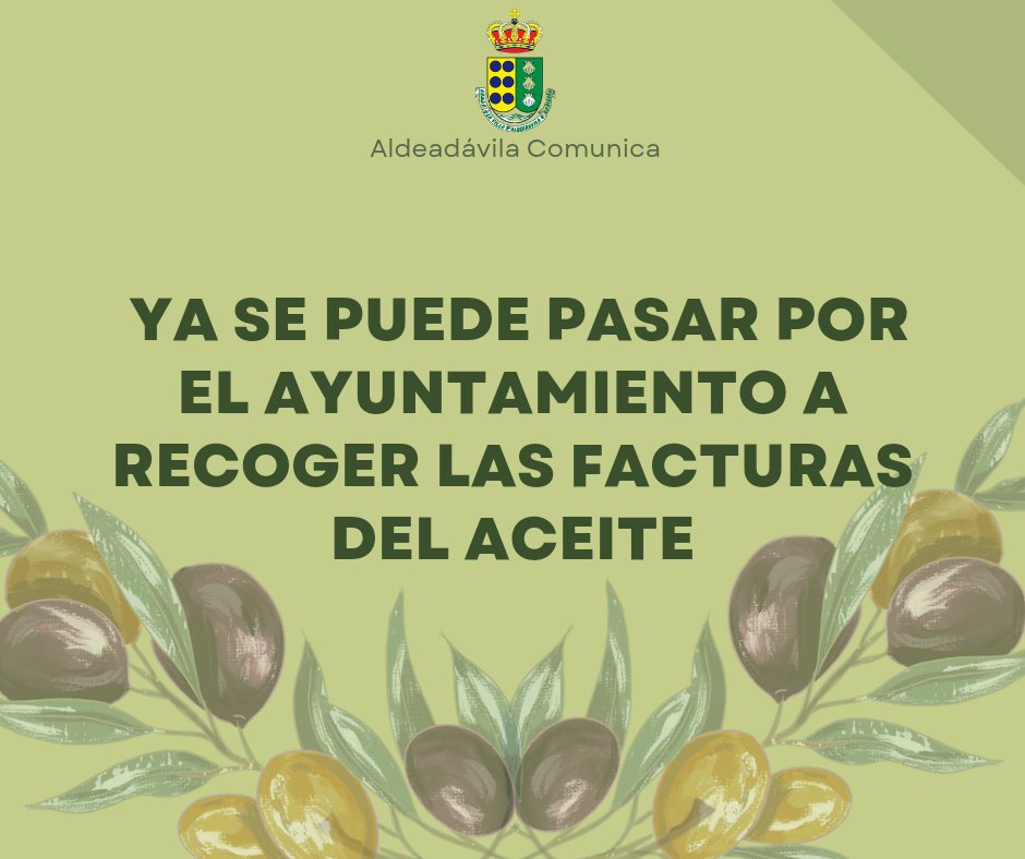 📢 BANDO OFICIAL:

Se comunica que ya se puede pasar por el ayuntamiento a recoger las facturas del aceite. 

Muchas gracias.