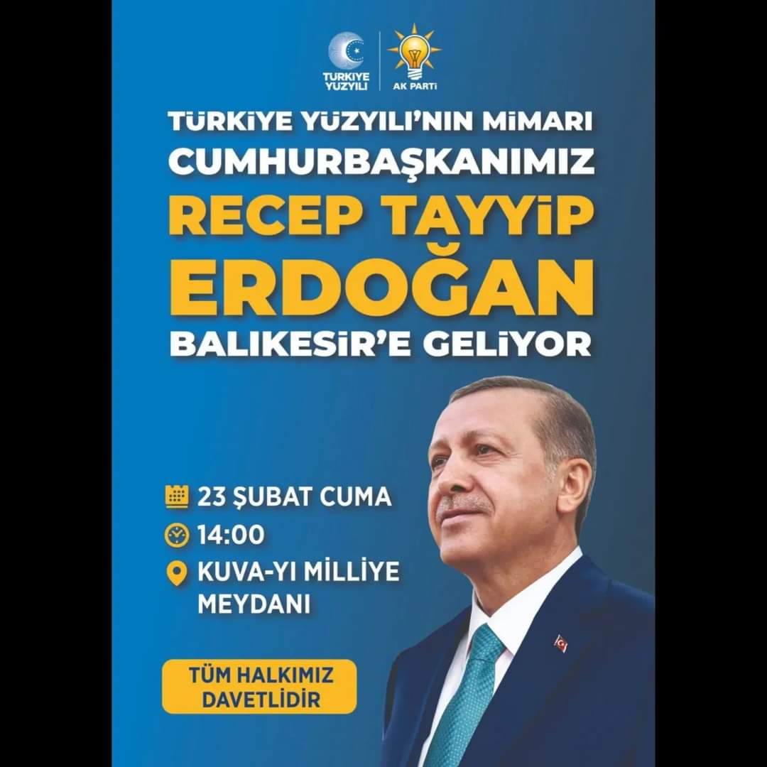 AK Parti Balıkesir Karesi İlçe Başkanlığı (@karesiakparti) on Twitter photo Cumhurbaşkanımız Ve Genel Başkanımız Sayın <a href="/RTErdogan/">Recep Tayyip Erdoğan</a> ‘ı Kuvayi Milliye Şehrinin Evlatları Olarak Şehrimizde Ağırlamaya Hazırız!23 şubat Cuma Saat 15:00’te Kuvayi milliye meydanı’ndaki büyük buluşmaya tüm hemşehrilerimiz davetlidir.
<a href="/erkankandemir/">Erkan Kandemir</a> <a href="/aka_hakann/">Hakan AKA</a>
#AkPartiKaresi Cumhurbaşkanımız Ve Genel Başkanımız Sayın <a href="/RTErdogan/">Recep Tayyip Erdoğan</a> ‘ı Kuvayi Milliye Şehrinin Evlatları Olarak Şehrimizde Ağırlamaya Hazırız!23 şubat Cuma Saat 15:00’te Kuvayi milliye meydanı’ndaki büyük buluşmaya tüm hemşehrilerimiz davetlidir.
<a href="/erkankandemir/">Erkan Kandemir</a> <a href="/aka_hakann/">Hakan AKA</a>
#AkPartiKaresi