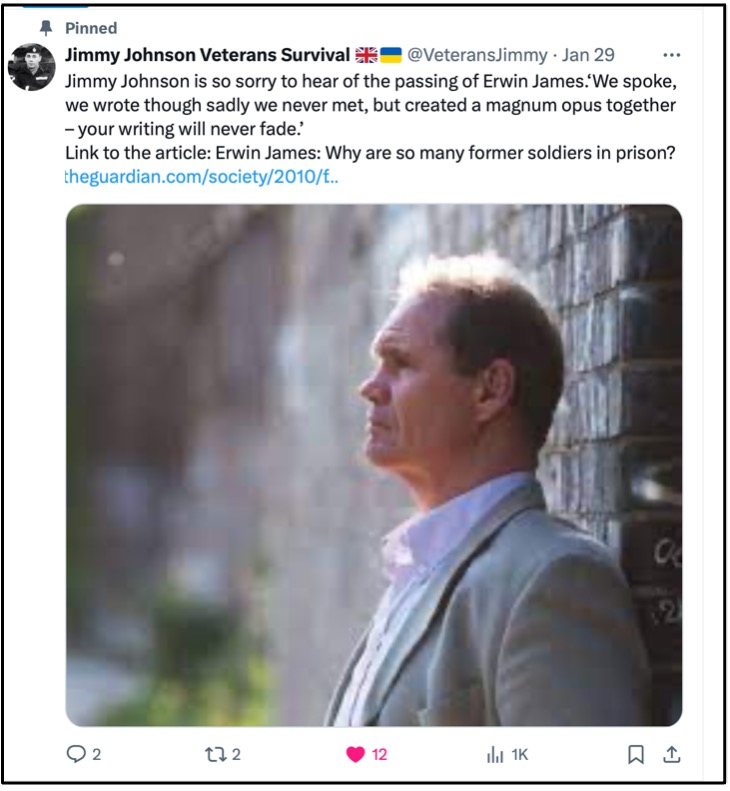 VeteransJimmy's tweet photo. Jimmy Johnson Veterans’ Survival February 2024 #News update. Includes a touching tribute to writer #ErwinJames, How copies of The Veterans’ Survival Guide reached the #UnitedNations + our website homepage #trending on #Google! Available at: https://t.co/BVFCkIUvKx https://t.co/3yjB7BpGKm