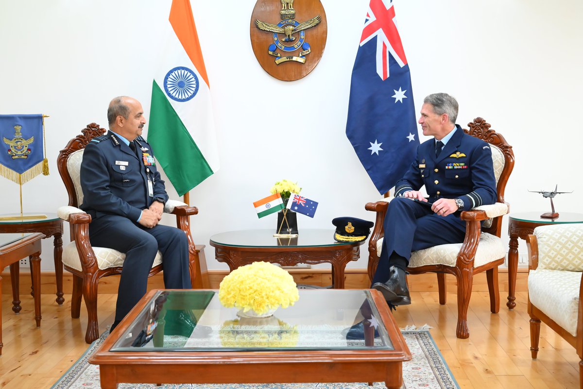 Air Marshal Robert Chipman, Chief of Air Force, Royal Australian Air Force called on the CAS Air Chief Marshal VR Chaudhari today in New Delhi. Issues of mutual interest and areas to enhance cooperation between both the Air Forces were discussed. @AusAirForce @CAF_Australia