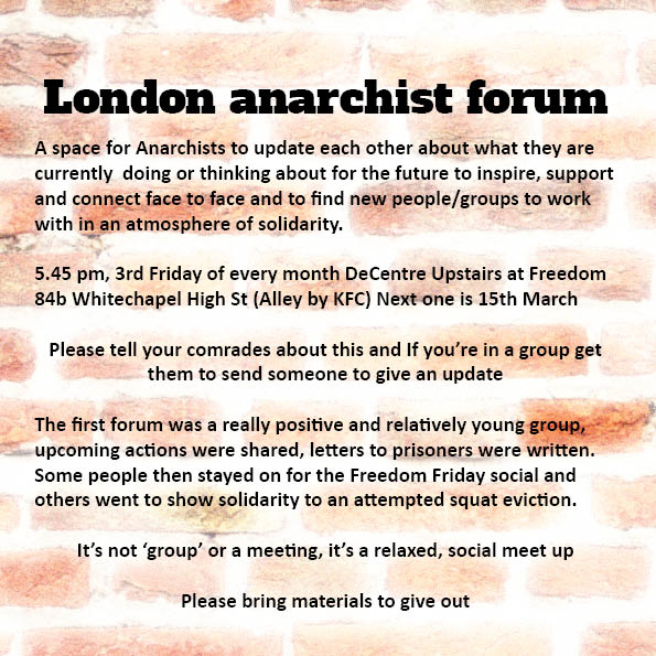 DIY_DEMOCRACY's tweet photo. London Ⓐ forum

A space for Ⓐ to update each other about what they are currently doing or thinking about for the future. To inspire, support and connect face to face and to find new people/groups to work within an atmosphere of solidarity.
5.45 15th Mar, DeCentre, Freedom E1 https://t.co/L9zG8DDlKL