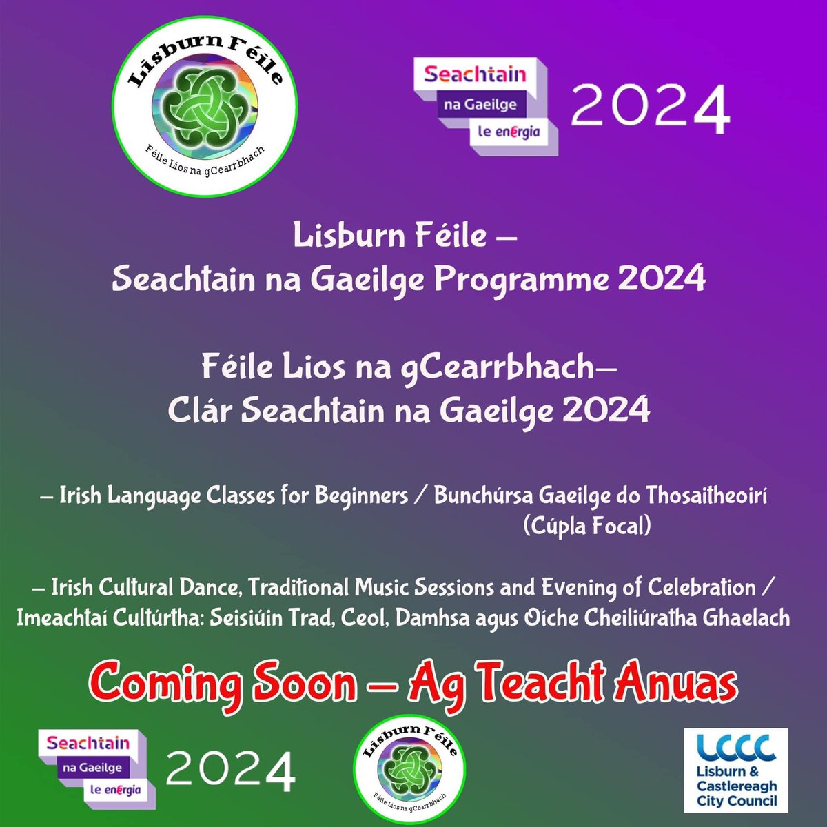 Coming 🔜 Clár Seachtain na Gaeilge 2024 📚 Irish Language classes for Beginners/Bunchúrsa Gaeilge do Thosaitheoirí (Cúpla Focal) 💃 Irish Dance, Trad Sessions, Evening of Celebration - Imeachtaí Cultúrtha-Seisiúin Trad,Ceol, Damhsa agus Oíche Cheiliúratha Ghaelach