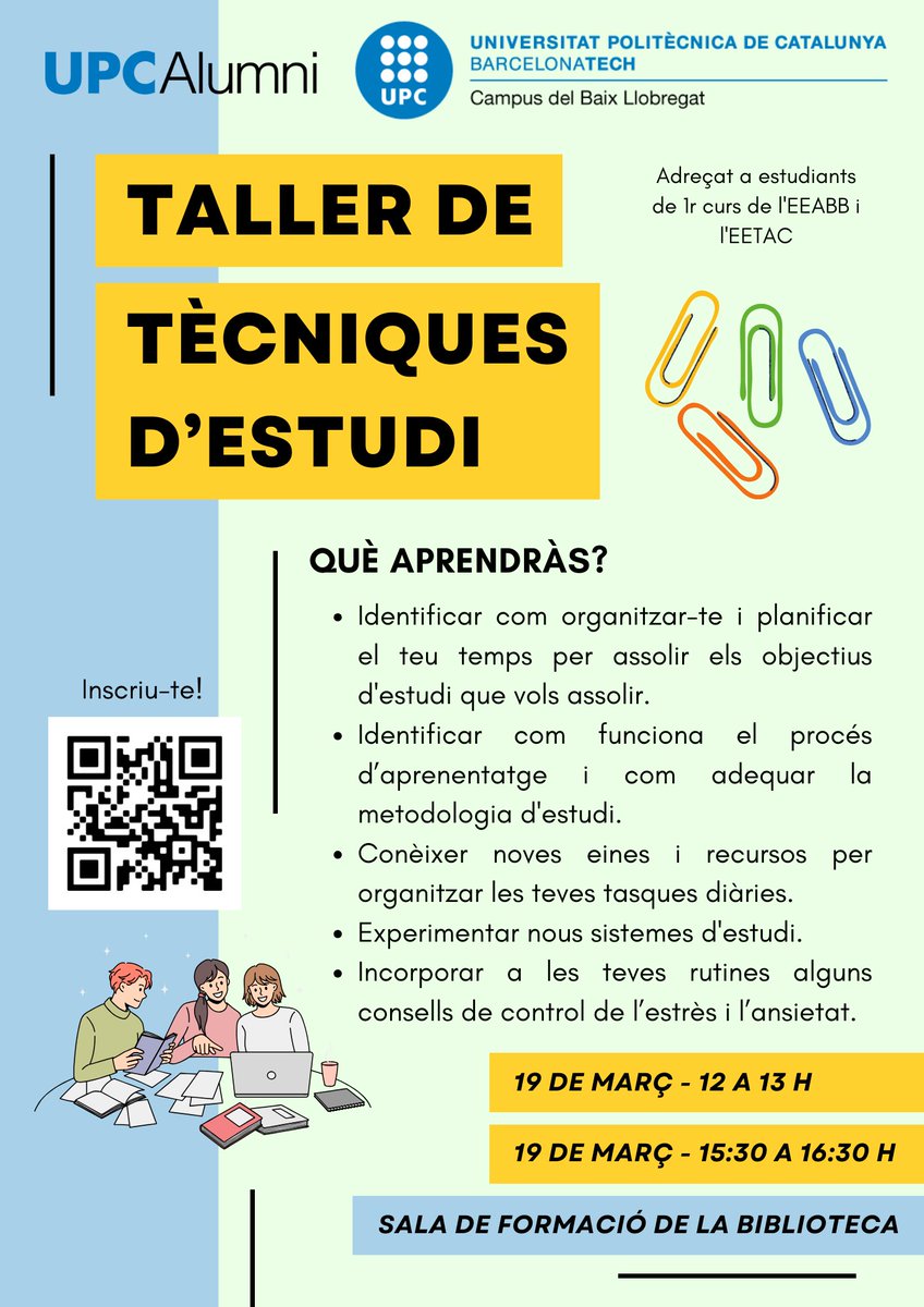 UPC Llobregat (@upcllobregat) on Twitter photo 🙄 No saps per on començar a estudiar? Et distreus fàcilment? <a href="/UPCAlumni/">UPC Alumni</a> imparteix un taller de tècniques d'estudi.
🗓️ 19 de març a les 12 h (torn matí) i a les 15:30 h (torn tarda)
📍 Sala de Formació <a href="/BibliotecaCBL/">📚 Biblioteca BCBL</a>
Inscriu-te a docs.google.com/forms/d/e/1FAI… 🙄 No saps per on començar a estudiar? Et distreus fàcilment? <a href="/UPCAlumni/">UPC Alumni</a> imparteix un taller de tècniques d'estudi.
🗓️ 19 de març a les 12 h (torn matí) i a les 15:30 h (torn tarda)
📍 Sala de Formació <a href="/BibliotecaCBL/">📚 Biblioteca BCBL</a>
Inscriu-te a docs.google.com/forms/d/e/1FAI…