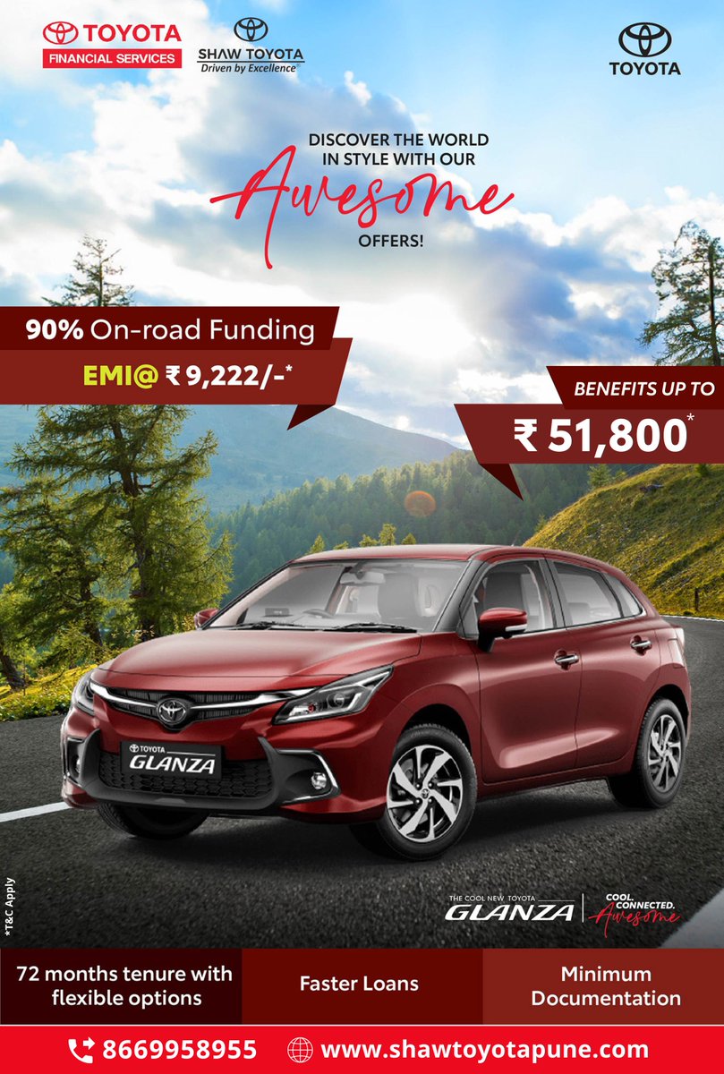 Let's Get hatchin' on Awesome drives.
Book a test drive today!

🌐 shawtoyotapune.com
☎ 8669958955 / 8956211939

#ForYouWeAre #ShawToyota #ToyotaIndia #Awesome #NewCar #splecialoffer #ToyotaGlanza #GoHatchinGoAwesome  #ToyotaFinance #LowEMI