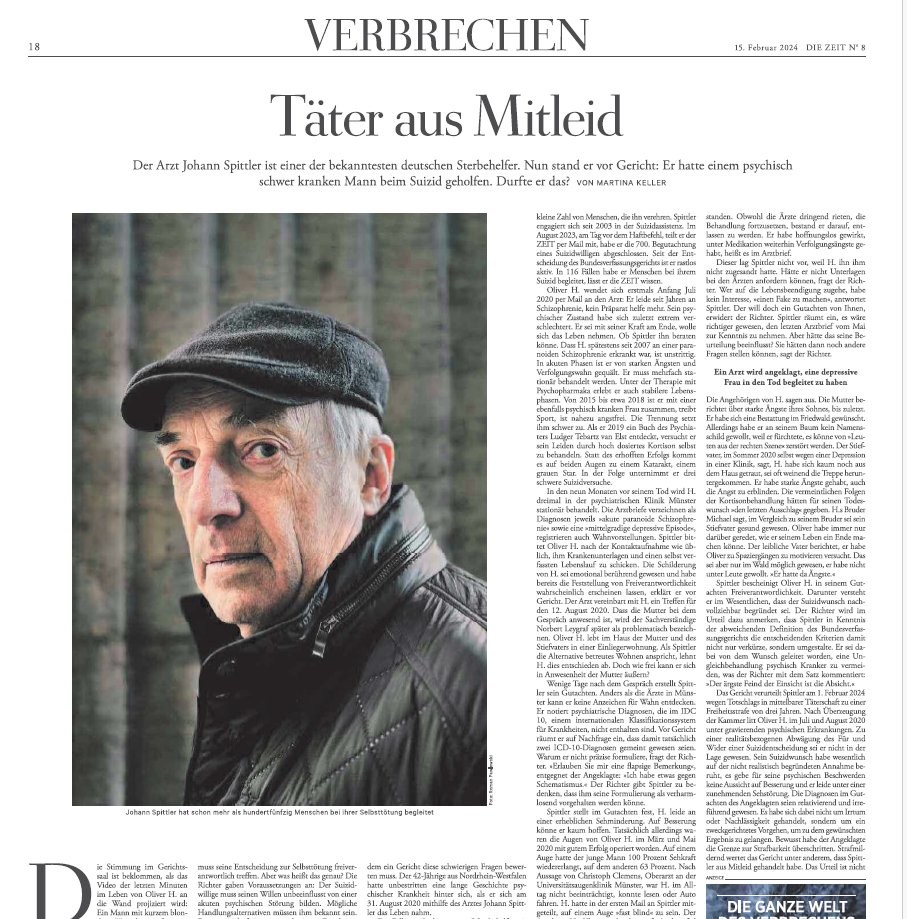 Mein ZEIT-Artikel über den Prozess gegen Sterbehelfer Johann Spittler. Durfte er einem schwer psychisch kranken Mann Suizidhilfe leisten?