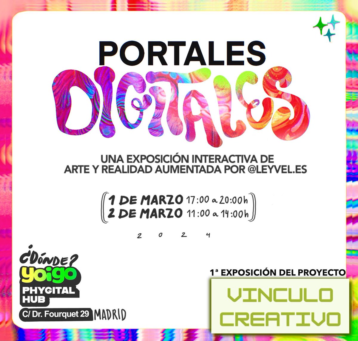 👉Muy contentos de anunciar la 1ª Exposición de Arte Digital en el @yoigo_phygital_hub llamada 'Portales Digitales' 🎉

📆 1 Marzo de 17 a 20h (Evento de Inauguración)

📆 2 Marzo de 11 a 14h

✅ Vínculo Creativo es una plataforma para que artistas emergentes exhiban sus obras.