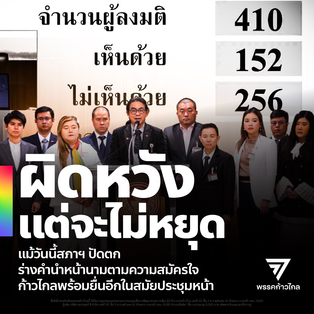 [ ผิดหวังแต่จะไม่หยุด 🍊🍊🍊แม้วันนี้สภาฯ ปัดตกร่างกฎหมายคำนำหน้านามตามความสมัครใจฯ ก้าวไกลพร้อมยื่นอีกในสมัยประชุมหน้า ]

การประชุมสภาผู้แทนราษฎรวันนี้ (21 ก.พ.) มีการพิจารณาร่าง พ.ร.บ. การรับรองเพศ คำนำหน้านาม และการคุ้มครองบุคคลผู้มีความหลากหลายทางเพศ หรือ “ร่าง พ.ร.บ.