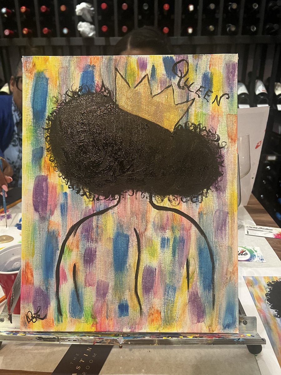 Another invite to be in my creative bag… Paint n Sip at the Tasting Room with some of my insurance boss ladies!  My freehand drawing getting steadier 🙌🏾   #professionalperks #Queen👑👸🏾 #mauralcurls #fro  #artiscalm🎨🖌️ #winetime🍷