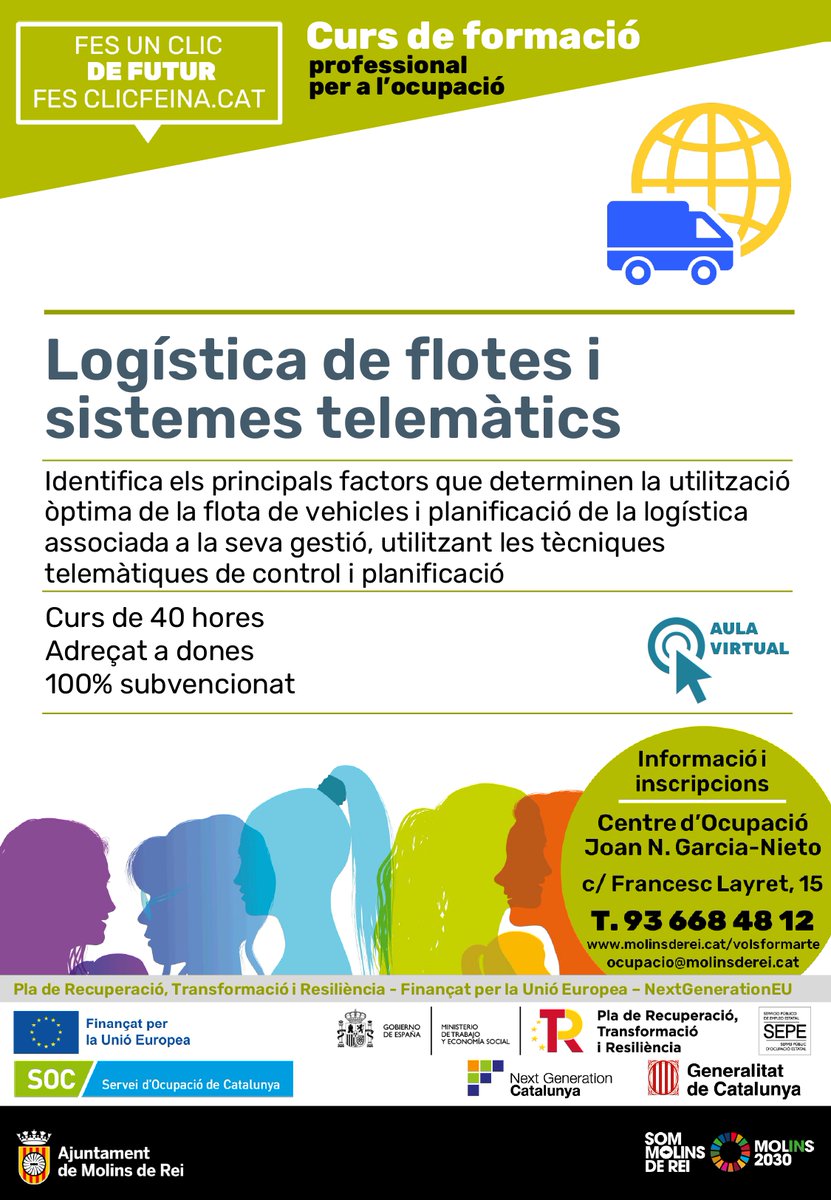 Ocupacio_MdR's tweet photo. 🎓Vols formar-te en l'àmbit de la logística comercial i la gestió del transport? Places disponibles al curs subvencionat del programa ADA adreçat a dones:
💻Logística de flotes i sistemes telemàtics
🔗https://t.co/lEEUigtrSp
#NGEUCat #NextGenerationCat #FonsUECat
#MolinsdeRei https://t.co/L0u9sjyNw8