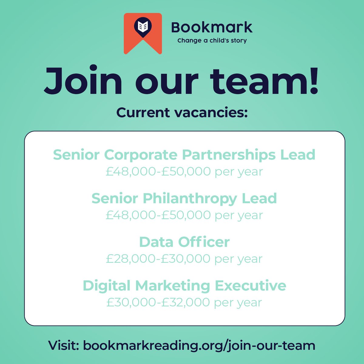 📚🌟Exciting opportunities alert! Join the Bookmark team and be a part of our mission to ensure every child has the same opportunity to discover the joy of reading.

Head over to our website to find out more about working with Bookmark: bookmarkreading.org/join-our-team 

#CharityJob