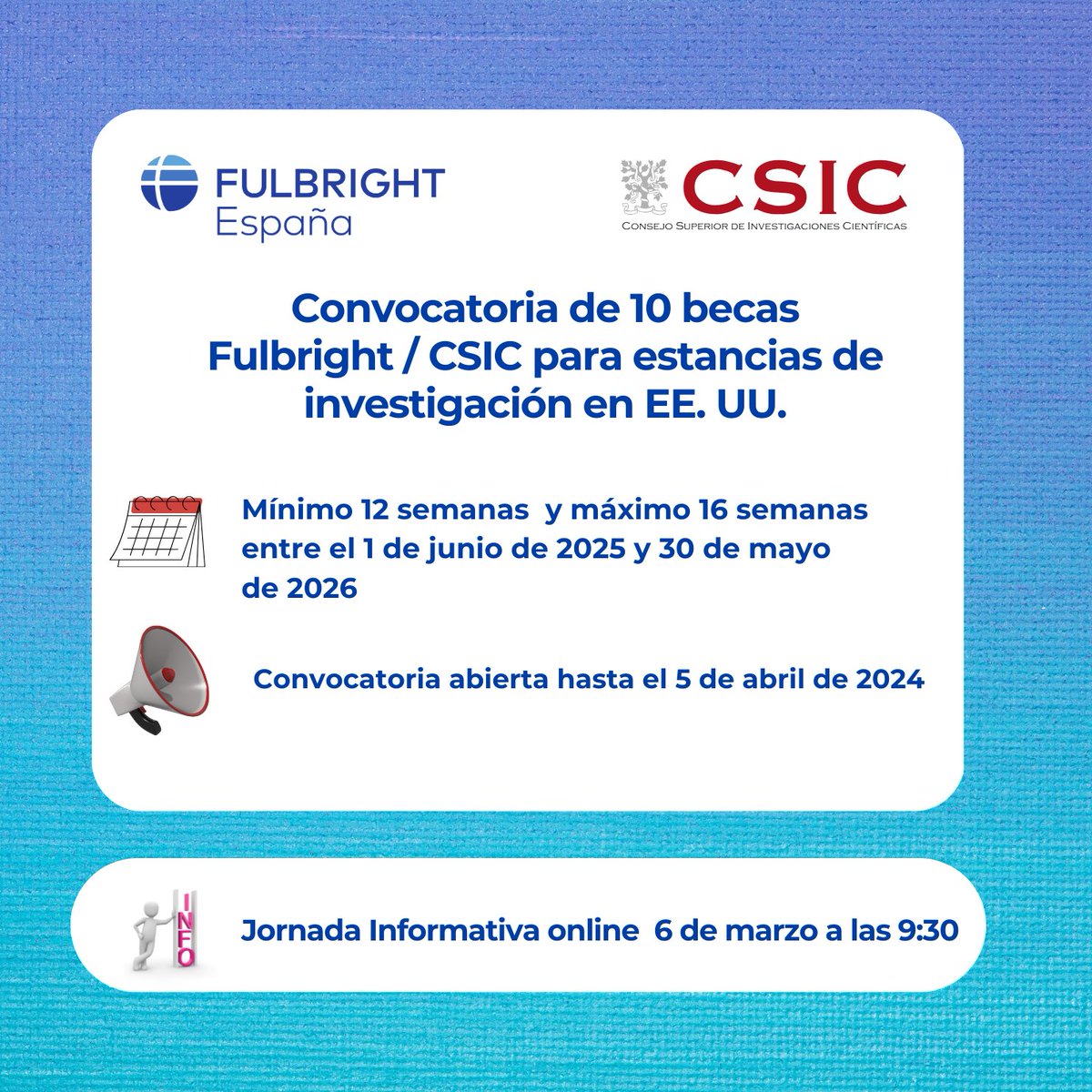 Abierta la convocatoria de 10 becas #Fulbright para personal de investigación adscrito al @csic. Jornada informativa: 6 de marzo Detalles: Fulbright.es Solicitudes: siw.csic.es/icv/ “Acciones de movilidad conjunta CSIC-Fulbright” #fulbrightspain @csicdivulga