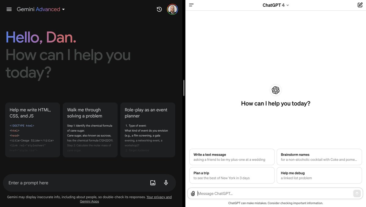 theaieducatorx's tweet photo. Anyone else's core Gen AI use looking more like this recently?

I just love using both and getting them to reflect and improve on each others work.

#ChatGPT #GoogleGemini #AI #Education https://t.co/3EtEifBAto