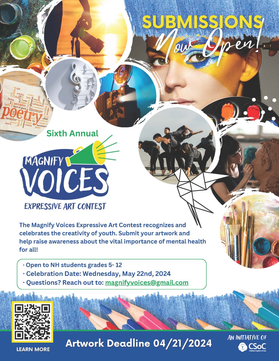 The Magnify Voices Expressive Art Contest recognizes and celebrates the creativity of youth. Submit your artwork and help raise awareness about the vital importance of mental health for all. Teachers and school staff...help spread the word to your students!