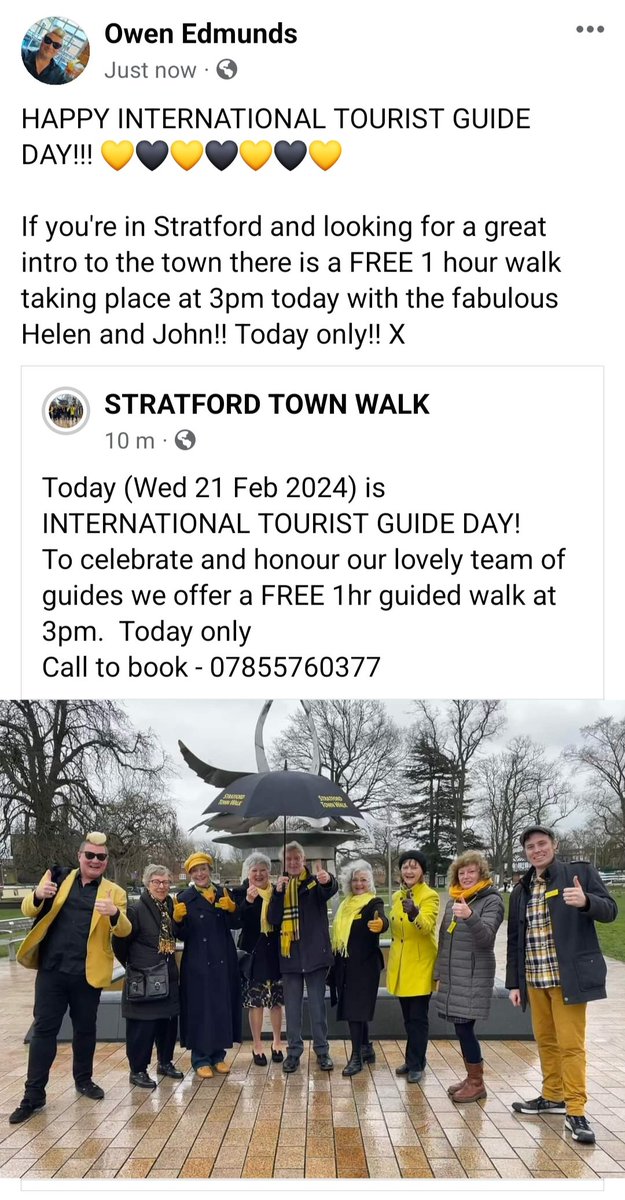 Owen Edmunds (@owenedmunds) on Twitter photo FREE 1 HOUR WALKING TOUR OF STRATFORD-UPON-AVON AT 3PM TODAY WITH <a href="/StratfordWalks/">Stratford Town Walk</a>! CALL TO BOOK NOW! 💛🖤💛🖤💛🖤💛 X
#Stratford #Shakespeare #SUA <a href="/ShakespearesEng/">Shakespeare’s England</a> <a href="/StratfordTC1/">Stratford-upon-Avon Town Council</a> <a href="/HeraldNewspaper/">Stratford Herald</a> #FREE #WalkingTour #STW #InternationalTouristGuideDay FREE 1 HOUR WALKING TOUR OF STRATFORD-UPON-AVON AT 3PM TODAY WITH <a href="/StratfordWalks/">Stratford Town Walk</a>! CALL TO BOOK NOW! 💛🖤💛🖤💛🖤💛 X
#Stratford #Shakespeare #SUA <a href="/ShakespearesEng/">Shakespeare’s England</a> <a href="/StratfordTC1/">Stratford-upon-Avon Town Council</a> <a href="/HeraldNewspaper/">Stratford Herald</a> #FREE #WalkingTour #STW #InternationalTouristGuideDay