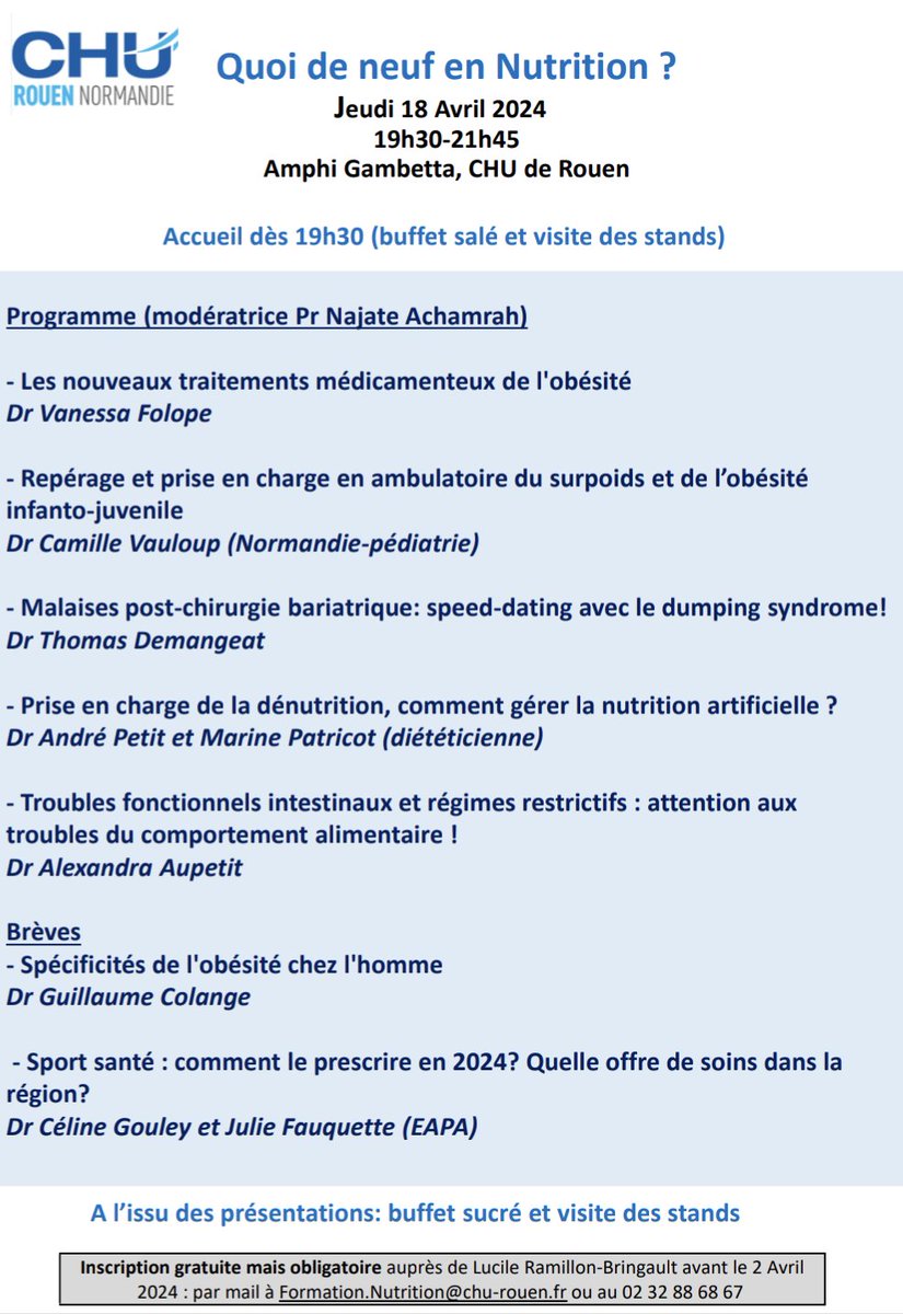 📢 Quoi de neuf en Nutrition ? Un beau programme pour cette édition 2024, le 18 Avril ! 📝 Inscription gratuite ici : formation.nutrition@chu-rouen.fr
@CHURouen