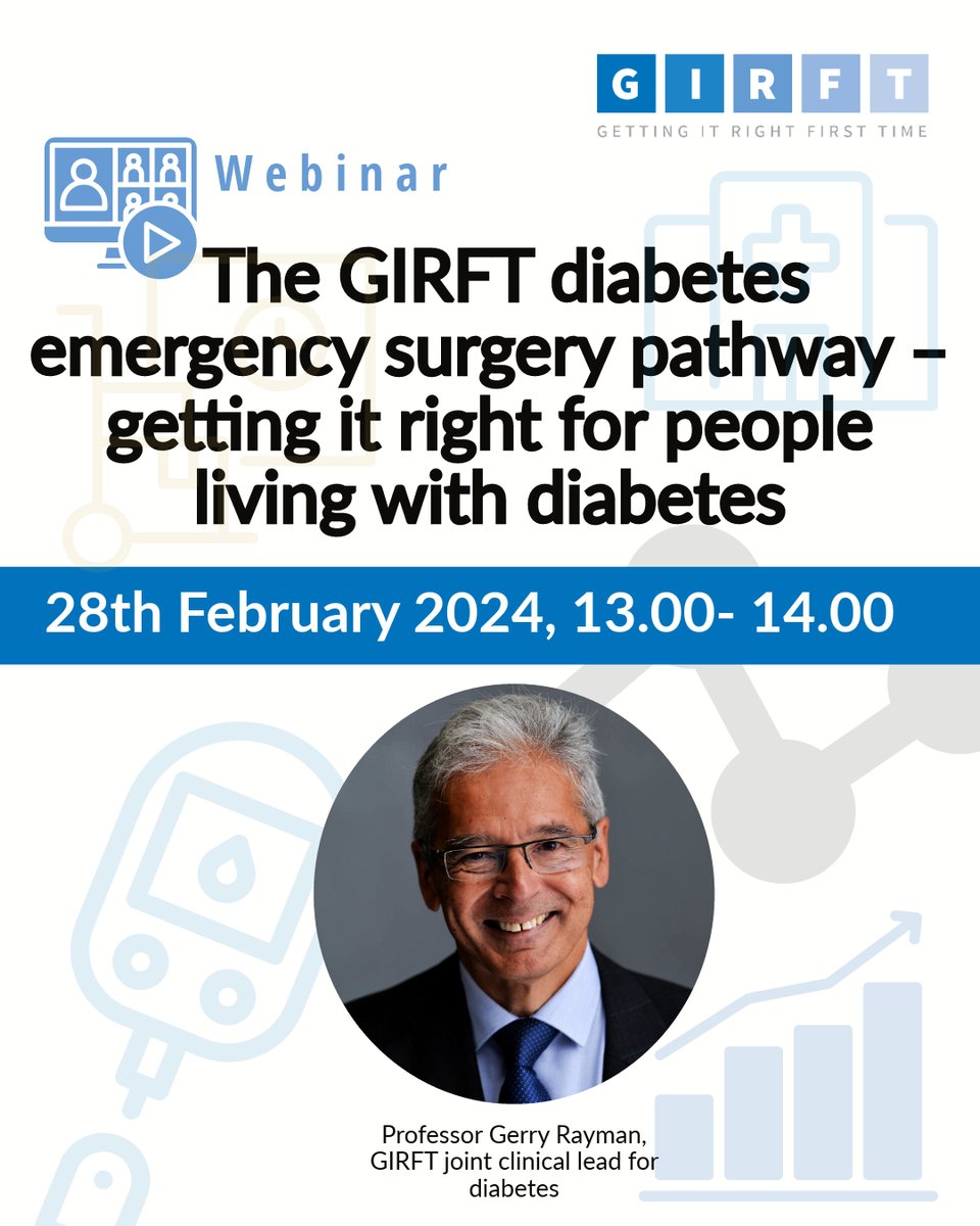 NHSGIRFT's tweet photo. Do you support patients undergoing emergency surgery?

Learn how the new GIRFT emergency surgery pathway for patients with diabetes can support you.

Join our webinar on 28/2
⏰1 - 2 pm

Register:
🔗 https://t.co/3c9rDgAlYC https://t.co/rcfFUe5ma7