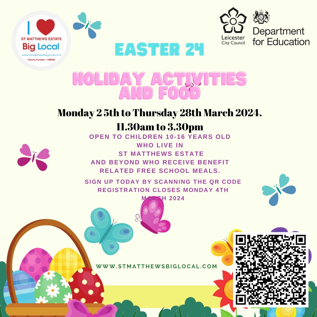 If your children are on benefit related free school meals and would like to join in this Easter please scan the link and sign up. Or pop into our office for support. form.jotform.com/BIGLOCAL1/east… @Leicester_News @educationgovuk