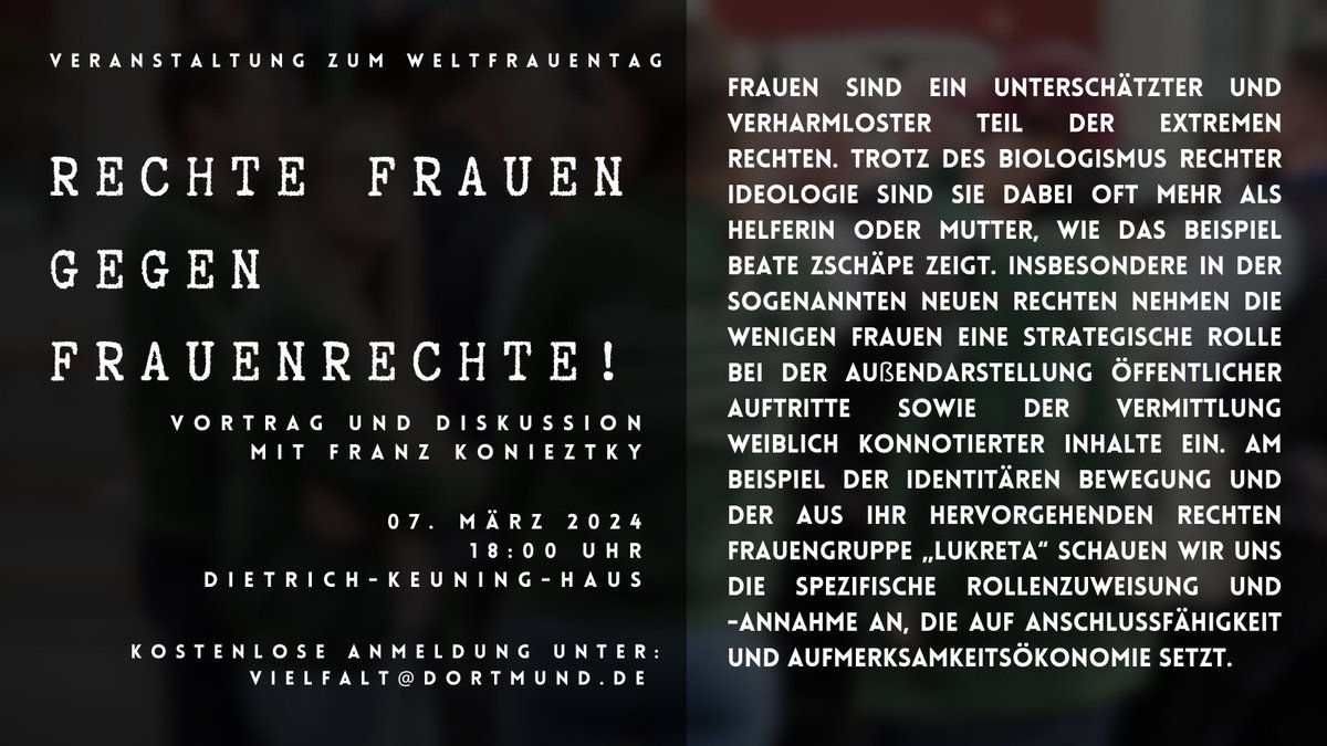 Rechte Frauen gegen #Frauenrechte? 🤔 Franz Konieztky beleuchtet in seinem Vortrag die Rolle von Frauen in der extremen Rechten, am Beispiel der #IdentitäreBewegung und der Gruppe 'Lukreta'. Eine spannende Diskussion erwartet euch! #nonazisdo #neuerechte #rechtsextremismus