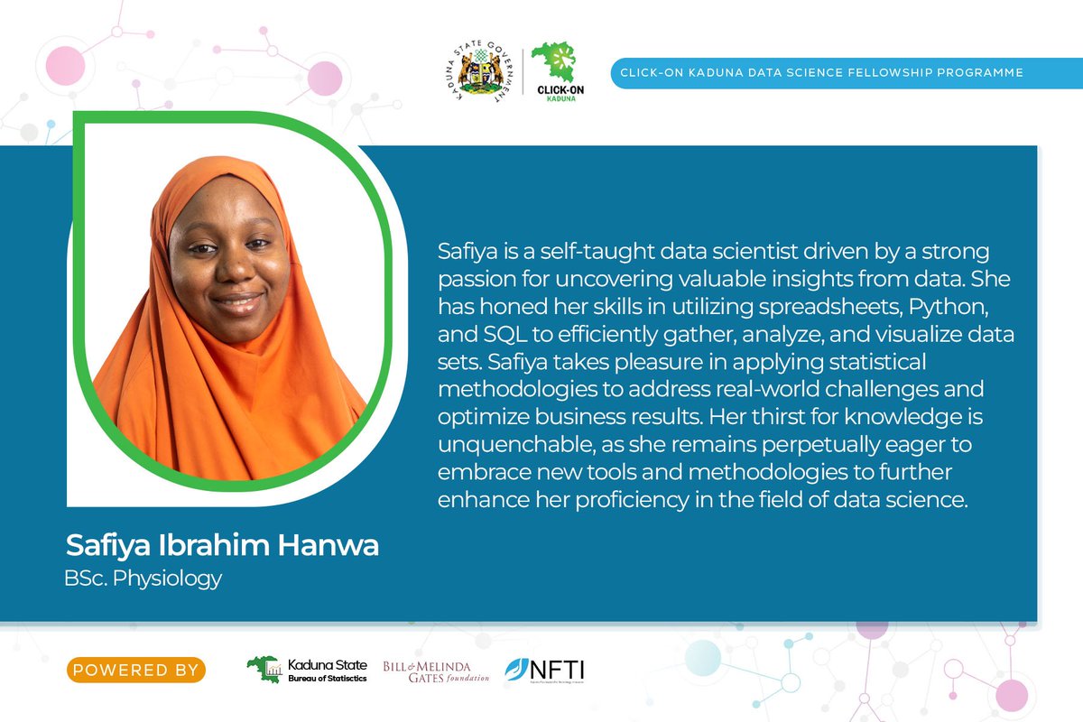 #MeetOurFellow 
Safiya takes pleasure in applying statistical methodologies to address real-world challenges &amp; optimize business results. She is perpetually eager to embrace new tools to further enhance her proficiency in the field of data science.
#ClickOnKadunaDSFP #DataScience