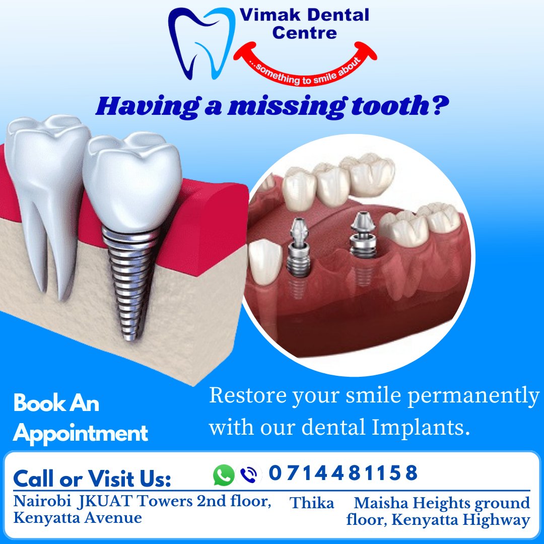 Restore your smile by getting a permanent tooth replacement with a reliable and next to natural dental implant. 
vimakdentalcentre.co.ke
#vimakdentalcentre
#vimakdentalservices 
#dentalmasking #teethwhitening #whiteningteeth #masking #compositeveneers 
#teethwhitening