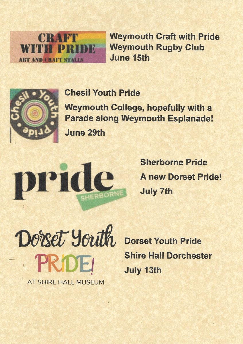Wonderful to see record of SEVEN #Pride events in #Dorset for 2024! #LGBT #LGBTQ #LGBTQIA #LGBTplusHM #Bournemonth #Poole #Weymouth #Sherborne #Dorchester LOADS info here - weymouthgaygroup.weebly.com/pride-events.h… @IntercomTrust @PrideEventsUK @FWPemagazine @clive_ask @westdorsetmag
