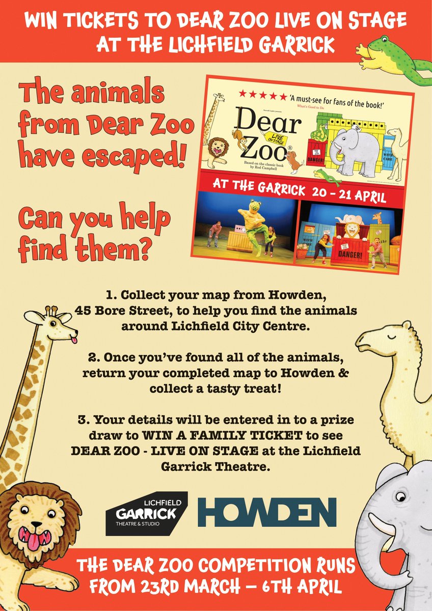 The_Garrick's tweet image. The animals from Dear Zoo have escaped and we need YOUR help!🐾

Help us find the escaped animals from Dear Zoo for a chance to win a family ticket to see Dear Zoo live onstage at Lichfield Garrick Theatre! #DearZoo #HowdenInsurance