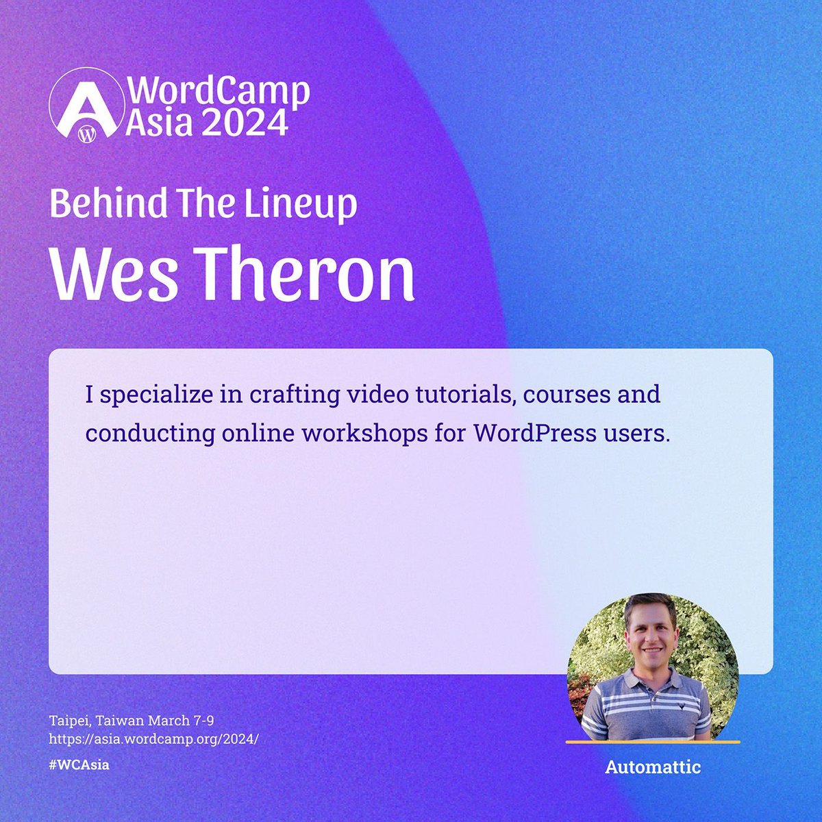 WordCampAsia's tweet photo. As we countdown to #WordCampAsia2024, we invite you to go #BehindtheLineup and get to know the folks who will be taking to the stage. Today, we chat with Wes Theron, one of @Automattic’s instructional designers who is part of the #WordPress Training Team. https://t.co/uYyHRClogJ https://t.co/lld7Aylw8g