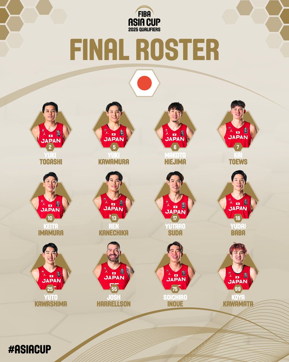 #AkatsukiJapan 男子日本代表 
『FIBAアジアカップ2025予選 Window1』
グアム戦エントリーロスター12名を発表🏀

詳細はこちら▶️…cup2025-qualifiers.japanbasketball.jp/news/102/

🗓️明日22日(木)19:05 vs グアム🇬🇺
📺BS日テレで生放送 
📡DAZN／TVerで生配信

#AsiaCup
#日本一丸 
#バスケで日本を元気に