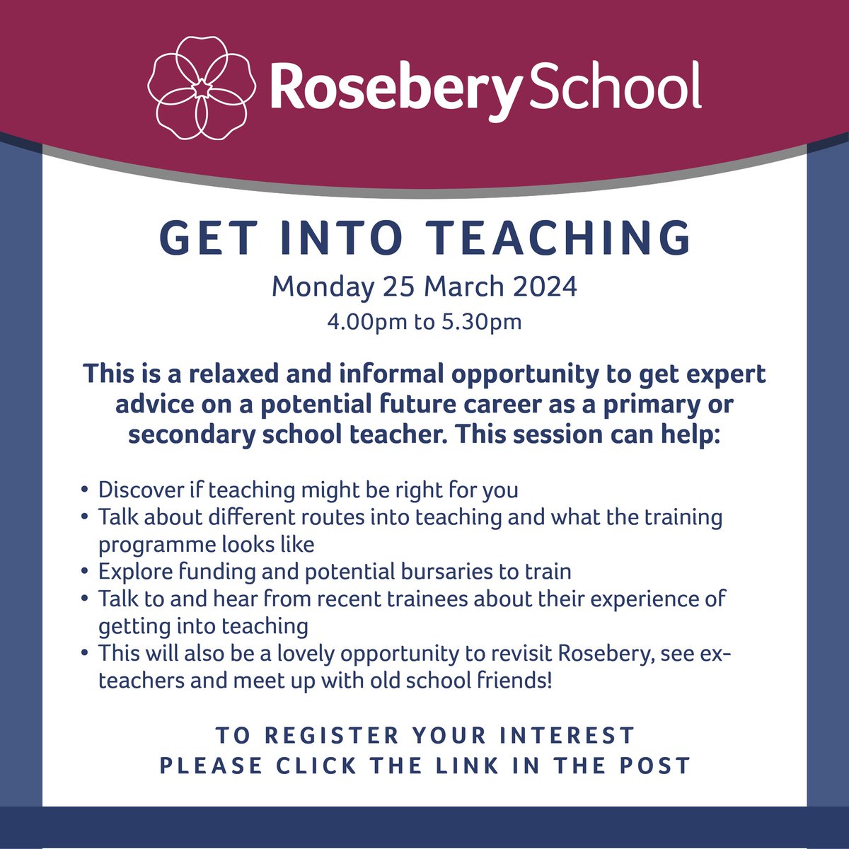 To find out more information about our upcoming Get Into Teaching Event, please click the link below:

forms.office.com/e/6HxK3W9VLq

#RoseberySchool #RoseberyProud #epsom #surrey #surreyschools #girlsschool #GLF #WeAreGLF #GLFSchools #getintoteaching #teachingevents