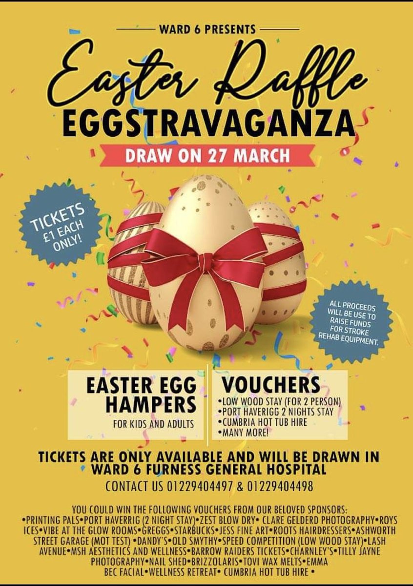 UHMB Integrated Community Stroke Team (@uhmbicst) on Twitter photo ๐ Ward 6 Easter Raffle Eggstravaganza ๐
All proceeds will be used to raise funds for Stroke Rehabilitation Equipment!
See below for further details and please feel free to share๐ฅฐ
<a href="/UHMBT/">MorecambeBayNHSTrust</a> <a href="/FghStroke/">FGH Ward 6 Stroke Team</a>
#StrokeRehabilitation ๐ Ward 6 Easter Raffle Eggstravaganza ๐
All proceeds will be used to raise funds for Stroke Rehabilitation Equipment!
See below for further details and please feel free to share๐ฅฐ
<a href="/UHMBT/">MorecambeBayNHSTrust</a> <a href="/FghStroke/">FGH Ward 6 Stroke Team</a>
#StrokeRehabilitation