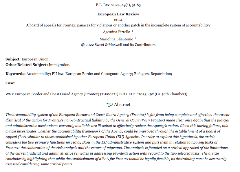 AgostinaPirrell's tweet photo. My article, co-authored with @M_Eliantonio has been published on European Law Review! Read our analysis on a poential Board of Appeals (BoA) for #Frontex. We are looking into any possible solution to improve the #accountability at the #borders! Feel free to reach out to discuss https://t.co/uK7hl5igbW
