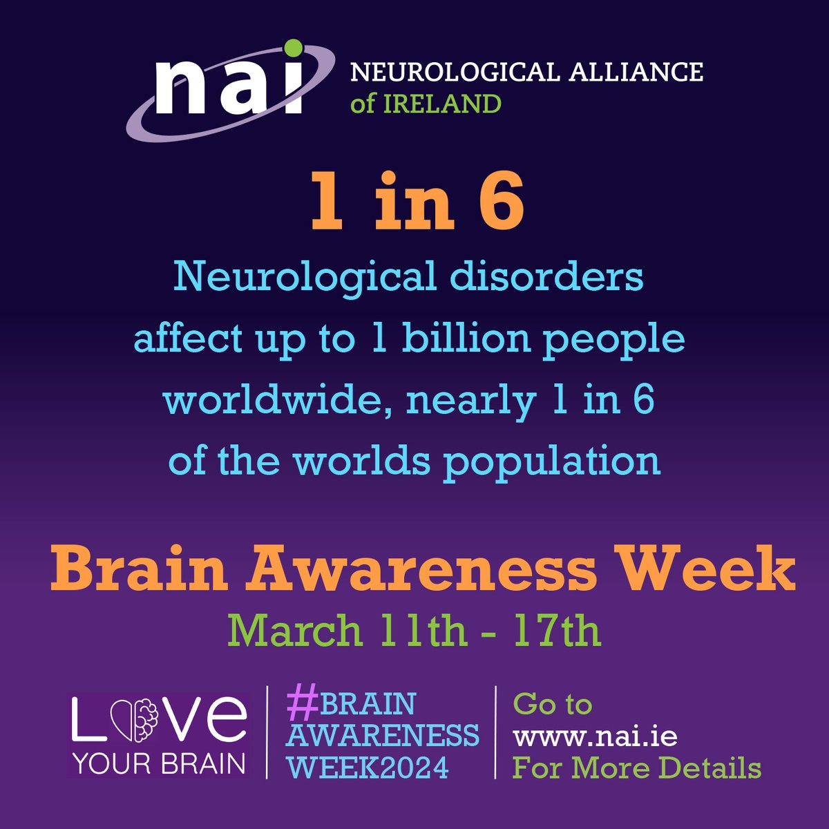 Did you know that neurological disorders affect up to 1 billion people worldwide? That is nearly 1 in 6 of the world's population. Show your support this #brainiawarenessweek2024 & promote awareness of the brain and brain conditions 🧠#loveyourbrain