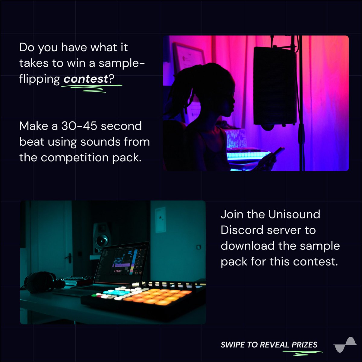 Unisound_io's tweet photo. WIN BIIIIIG by participating in our sample-flipping competition!

1. Join our Discord server (link in bio) and download the contest soundpack. 
2. Make a 30-45 second beat using the sounds in the pack.
3. Submit by 03/01 https://t.co/zjAP8goAax