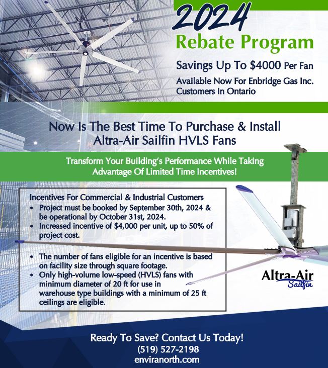 🚨🚨🚨 For a limited time, our customers who use Enbridge Inc. can take advantage of a rebate of up to $4,000 per 20-foot+ HVLS fan! Contact us to get your HVLS fan today! enviranorth.com/contact.html