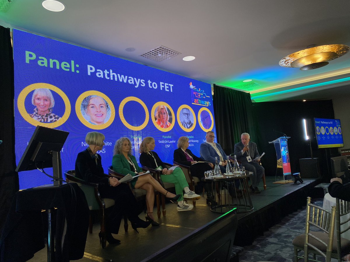 Lots of food for thought coming from the panel discussion on Pathways to FET. Great progress made under current FET strategy working with post primary, guidance &amp; employer reps as well as other Gov bodies. Flexible delivery and supports key to future developments #fet4impact