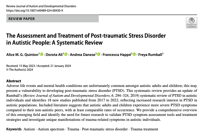 📄 Delighted to share the first paper from my PhD! We hope this provides a useful, systematic synthesis of the recent (and much-needed) research into the assessment and treatment of PTSD in autistic people. Open access: doi.org/10.1007/s40489…