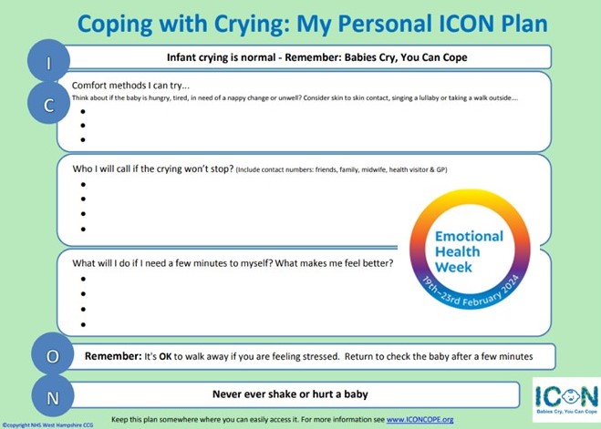 This week is Emotional Health Week. Looking after a crying baby can be challenging and ICON is here to help you cope. All babies cry, it is normal and it will pass. If you are struggling to cope, discuss your Coping with Crying Plan with your Health Visitor or Midwife @JaneScatt