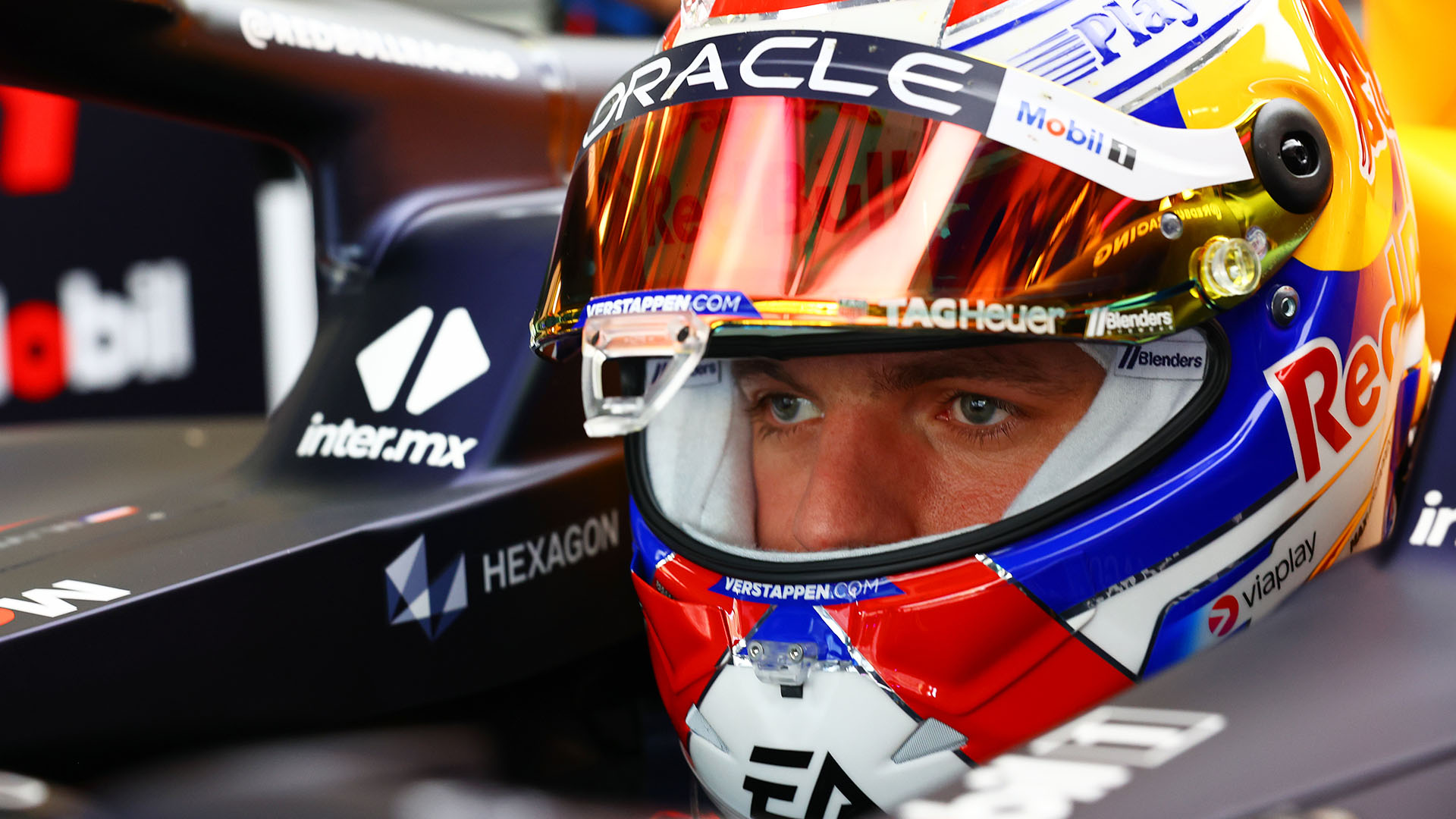 Max Verstappen in the car in the garage during testing in Bahrain.