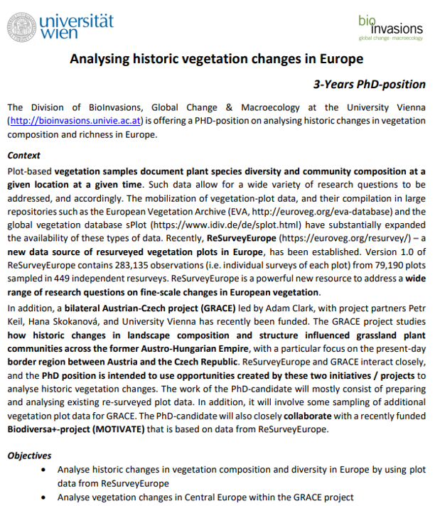 ‼️ 3-years PhD postions at UniVienna We are hiring a PhD candidate to work on 'Analysing historic vegetation changes in Europe' in the Austrian-Czech Project GRACE including @FranzEssl1, Adam Clark and Petr Keil. Come work with us. bioinvasions.univie.ac.at/wp-content/upl…