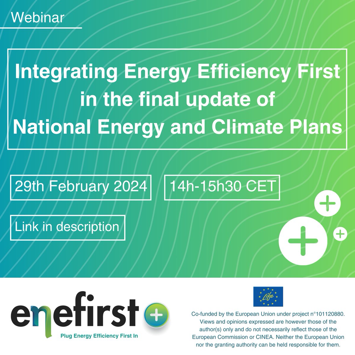 💡 Nowe webinarium w projekcie #ENEFIRSTPlus❗️

📆 29 lutego
🕘 14:00 - 15:30
💻 Rejestracja ☛ ieecp.org/events/integra…

📜Zapraszamy na webinarium dotyczące wdrożenia zasady "efektywność energetyczna przede wszystkim" (EE1st) do Krajowych Planów Energii i Klimatu.