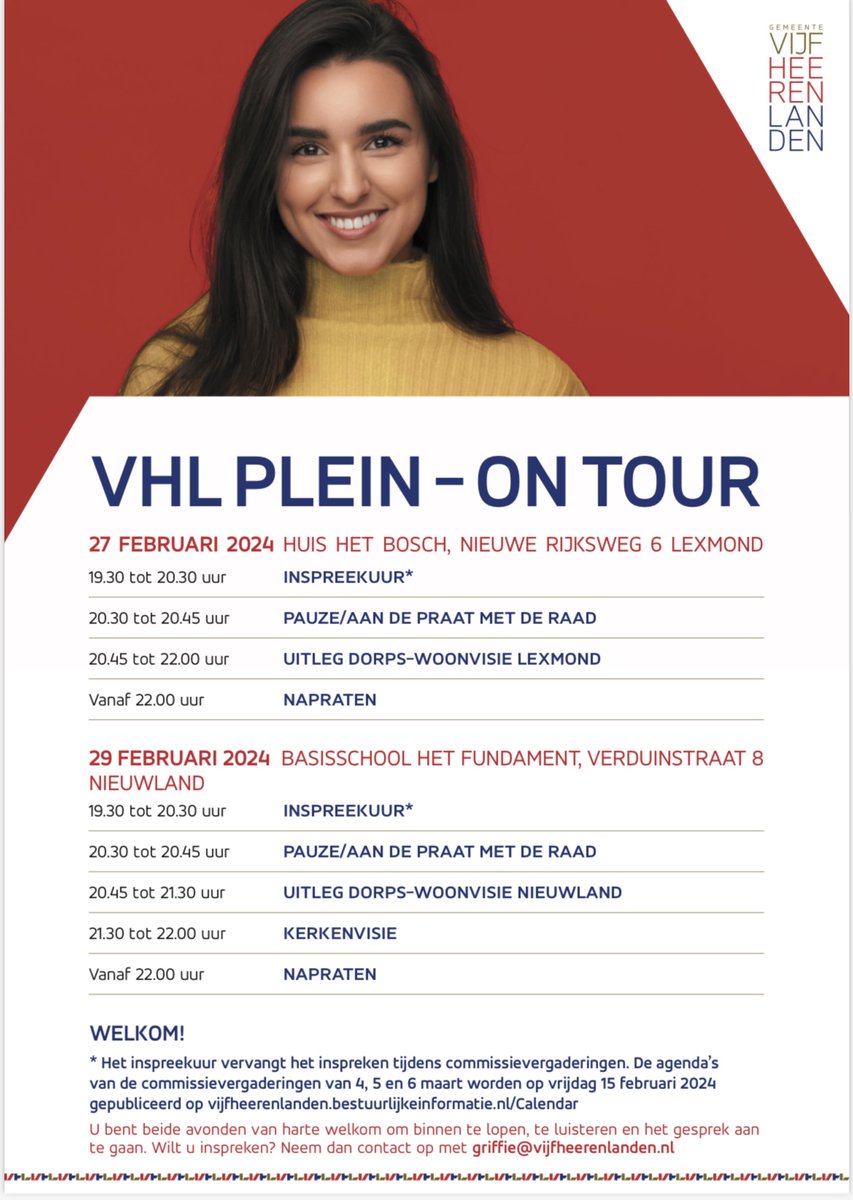 raadVijfheeren1's tweet photo. Volgende week staan er twee VHL-pleinen op de agenda. Dinsdag 27 februari in Lexmond en donderdag 29 februari in Nieuwland. Bekijk hieronder het programma. Ben jij er ook bij? Praat met ons mee! #VHLplein #Vijfheerenlanden #Lexmond #Nieuwland https://t.co/7NcgSWYy0y
