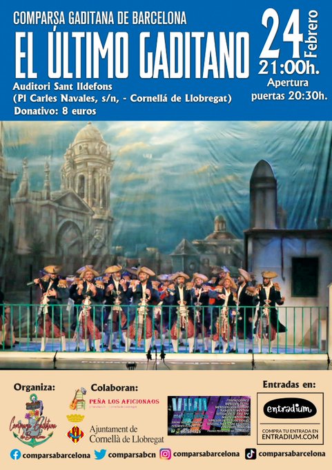 📣La comparsa gaditana de Barcelona interpretarà aquest dissabte a l'Auditori de Sant Ildefons "El último gaditano", l'espectacle que han presentat enguany al concurs del carnaval de Cadis.

🎤En parlem amb Daniel Fernández, membre de la <a href="/comparsabcn/">Comparsa Gaditana de Barcelona</a>.

🔗radiocornella.cat/news/id/radioc…