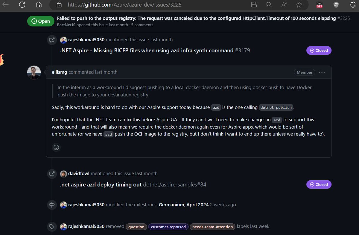 augvcor's tweet image. #TIL:  Deploying a #dotNETAspire project, consisting merely of a simple #BlazorWebApp project, onto @AzContainerApp via #azd errors out. It should NOT be listed as a deployment option till the fix is in [scheduled earliest for April]. cc @davidfowl