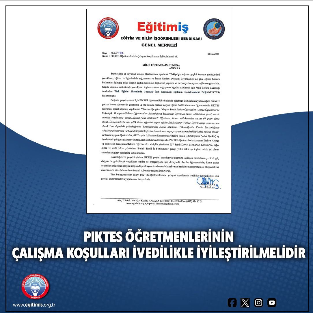 PIKTES ÖĞRETMENLERİNİN ÇALIŞMA KOŞULLARI İVEDİLİKLE İYİLEŞTİRİLMELİDİR

egitimis.org.tr/guncel/bilgi-b…
<a href="/tcmeb/">Millî Eğitim Bakanlığı</a> #piktes #öğretmen